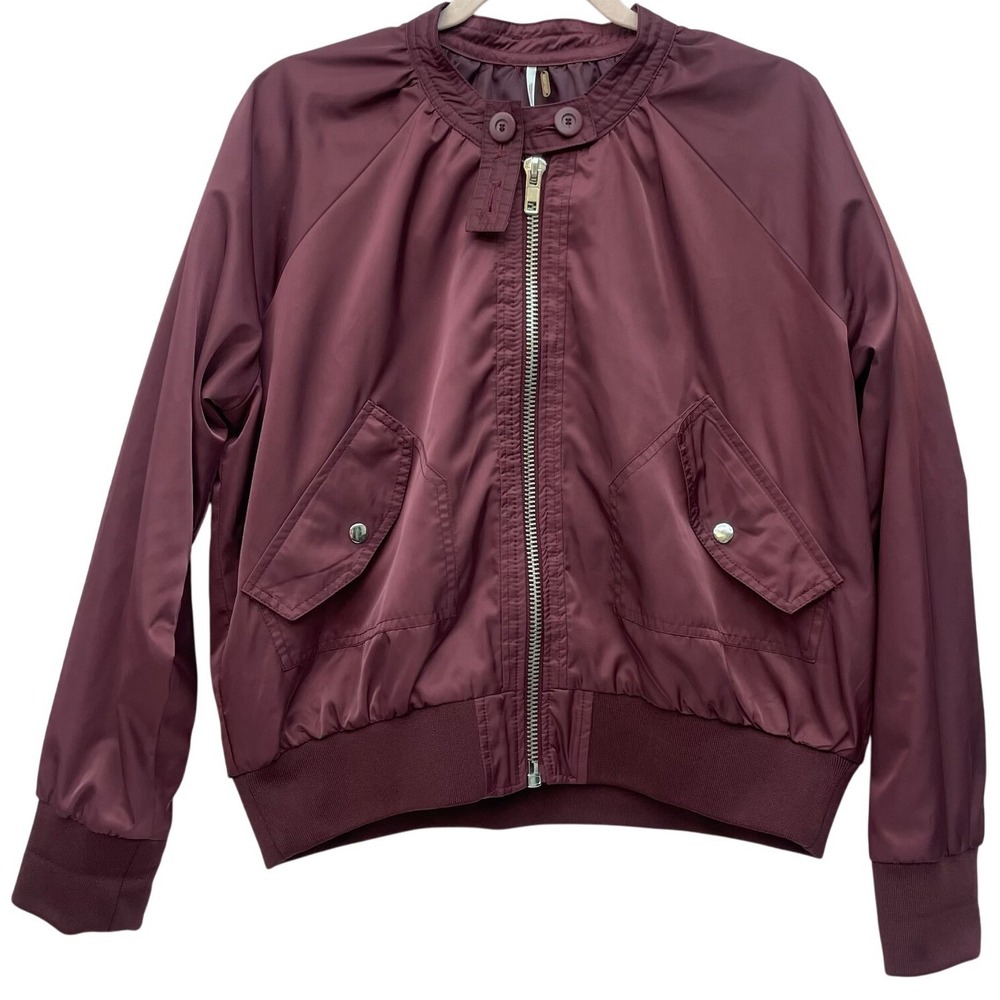 Free People Midnight Bomber Jacket M Medium Maroon Burgundy Satin Full Zip Stain
